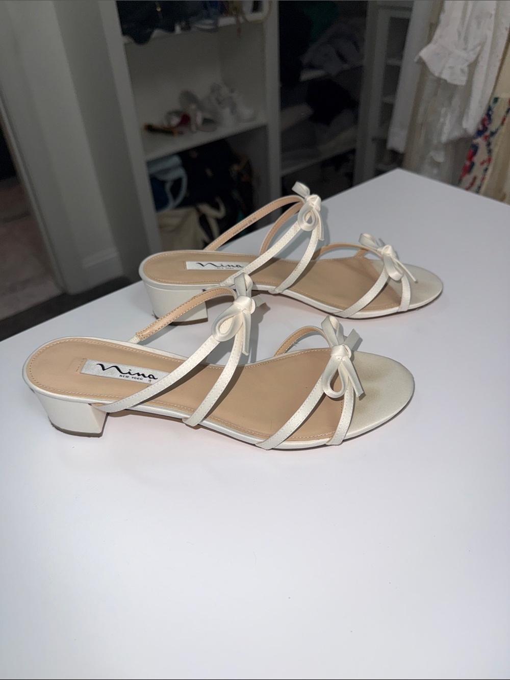 Nina Bow Strap Satin Slide Sandals in Ivory - Picture 3 of 5